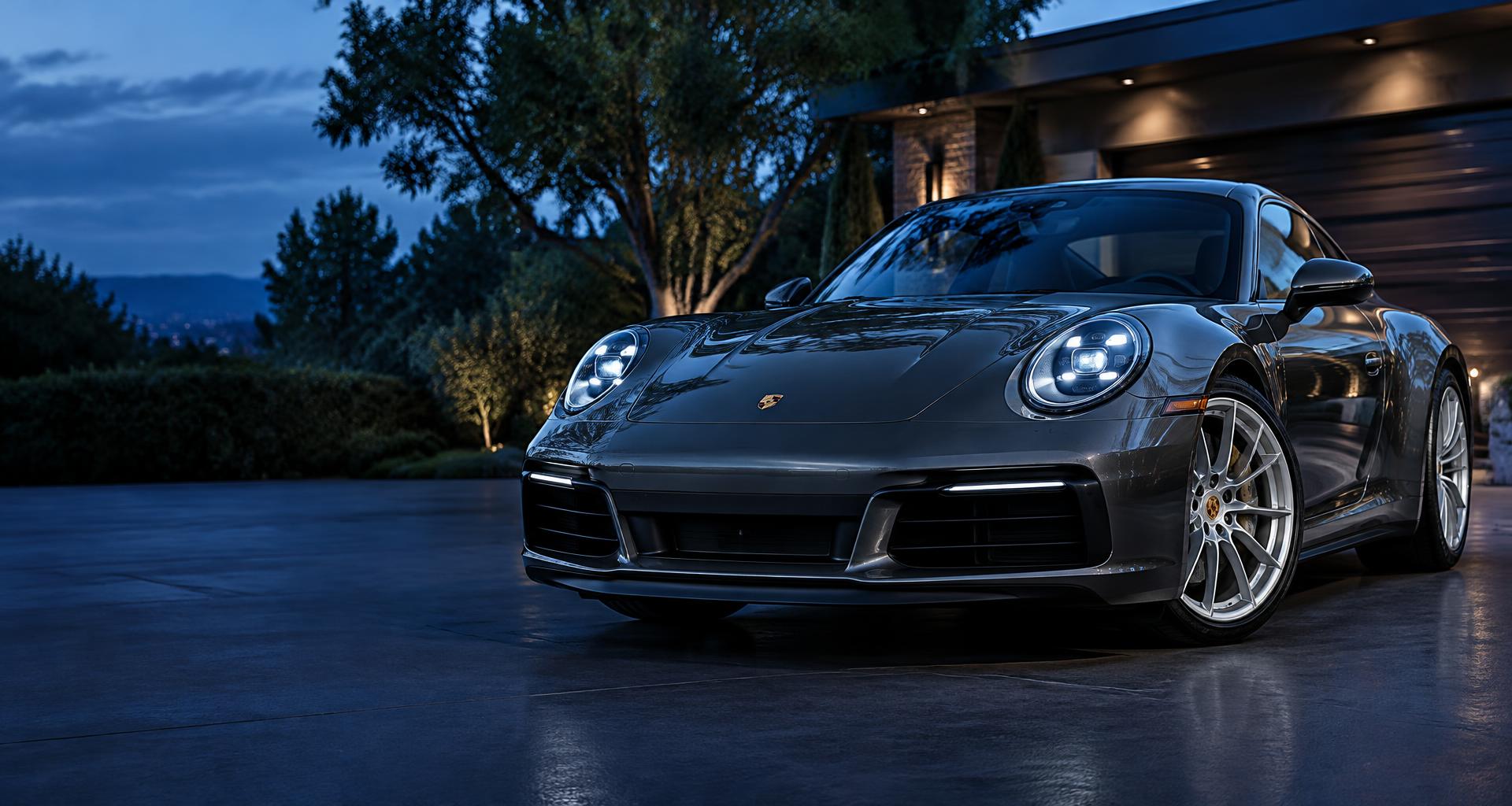 Immaculate graphite sports car on a residential driveway